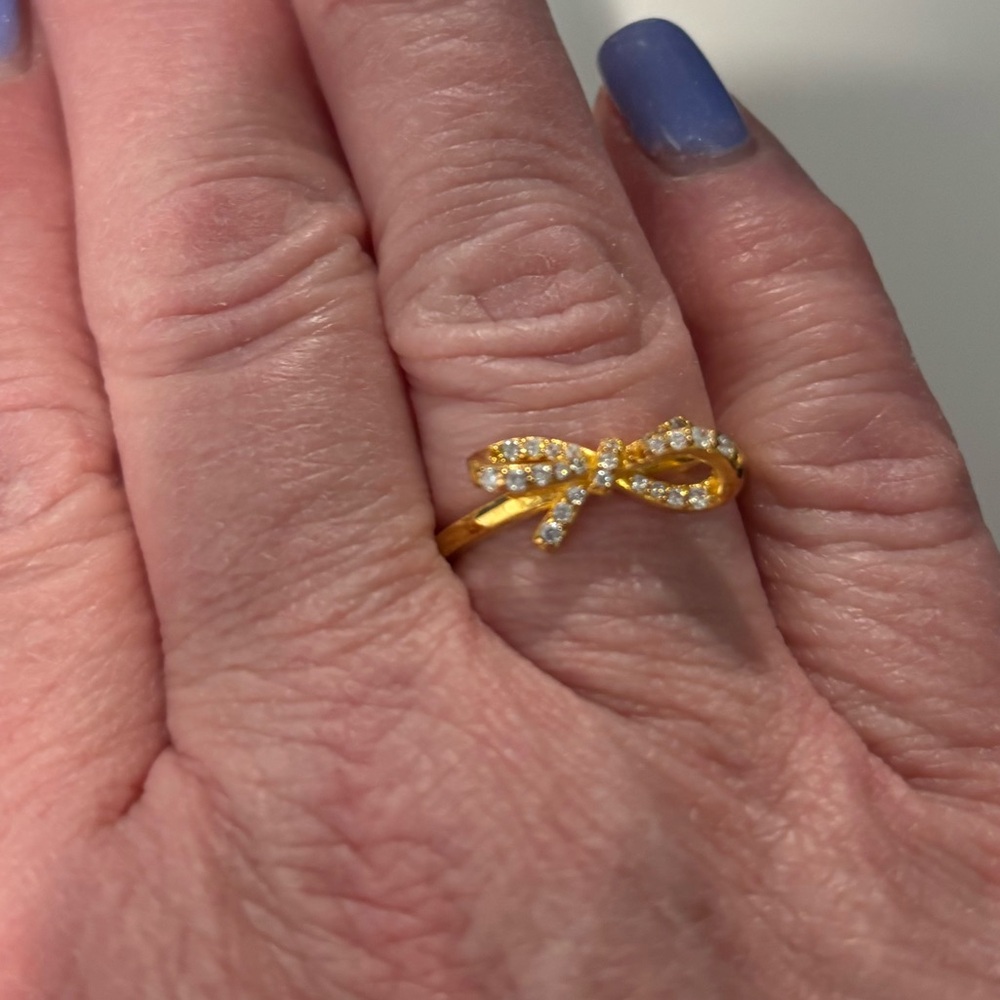 Diamonique Tied To You Bow Ring 14K Yellow Gold over Ster. Silver Size 8 or 8.5